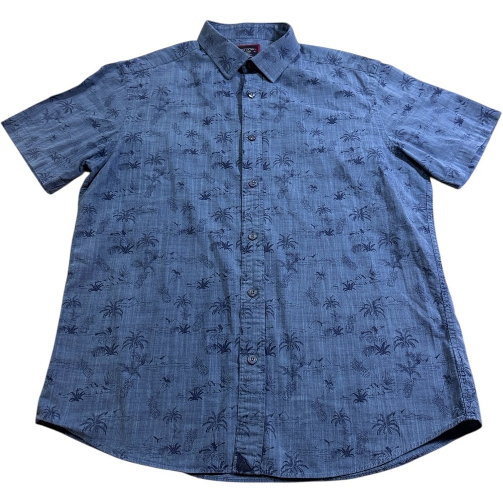UNTUCKit Men‎ Large Slim Fit Short Sleeve Button Up Shirt Palm Pineapple Blue